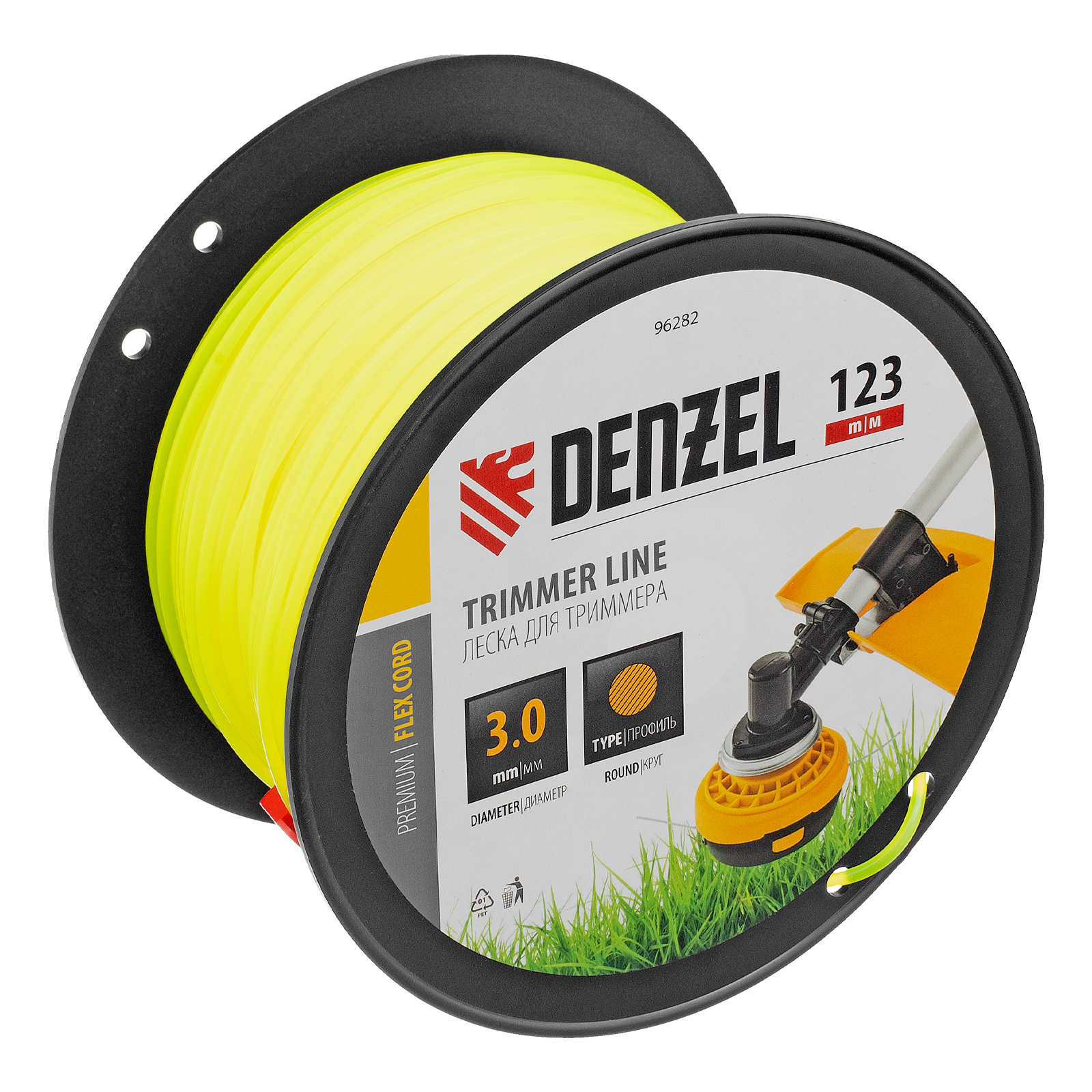 Леска для триммера круглая, 3,0мм х 123м, на DIN катушке FLEX CORD, Denzel