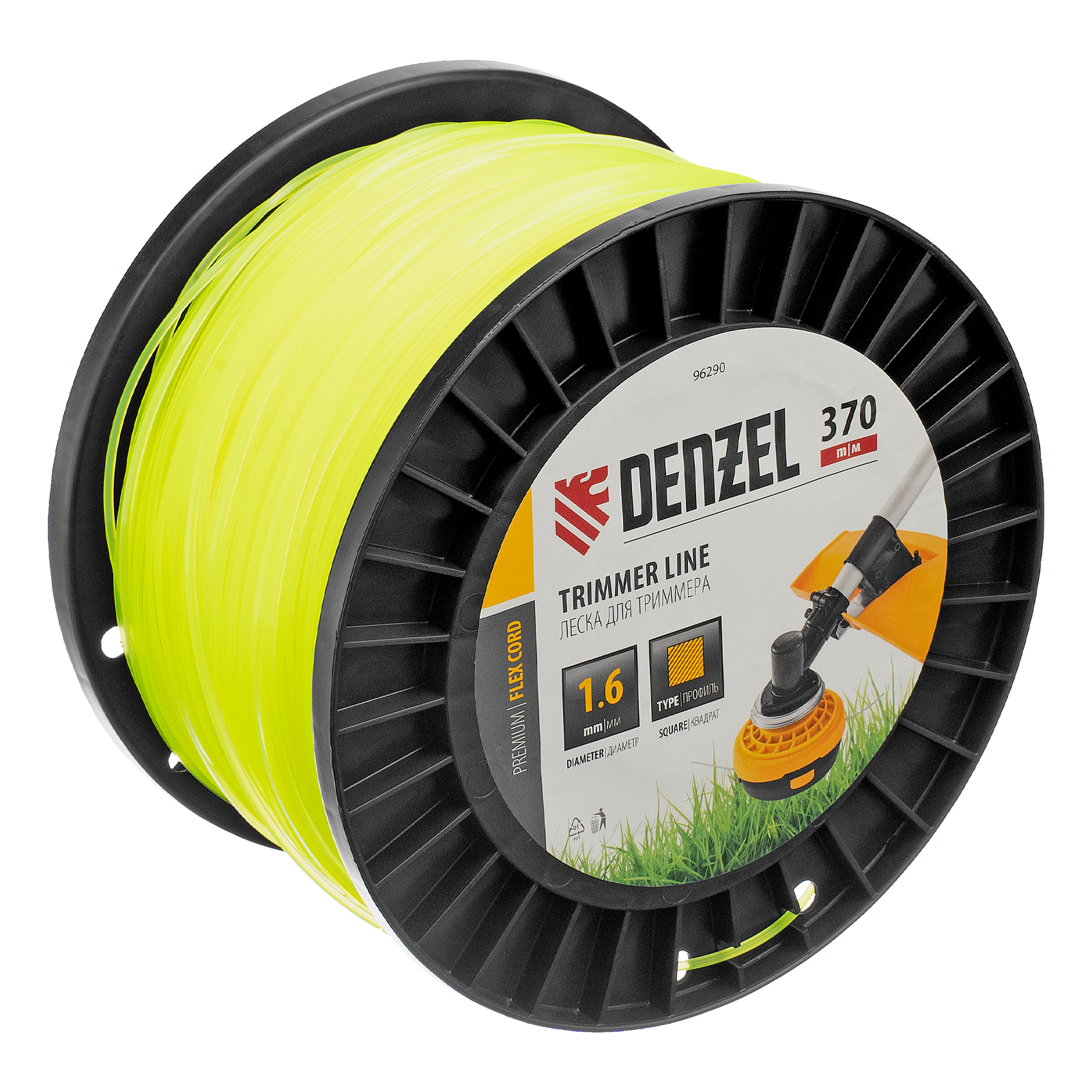 Леска для триммера квадрат 1,6мм х 370м, на DIN катушке FLEX CORD Denzel